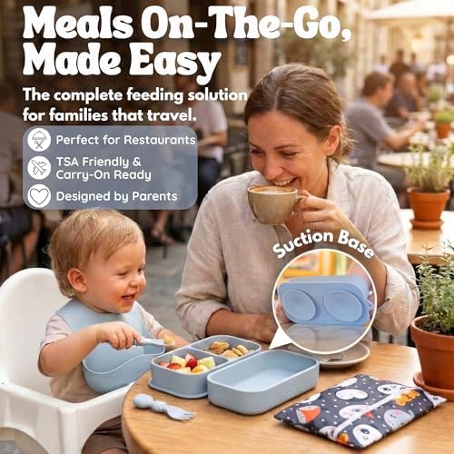 Baby Travel Feeding Set with Silicone Suction Plates, Grey Small - Image 2