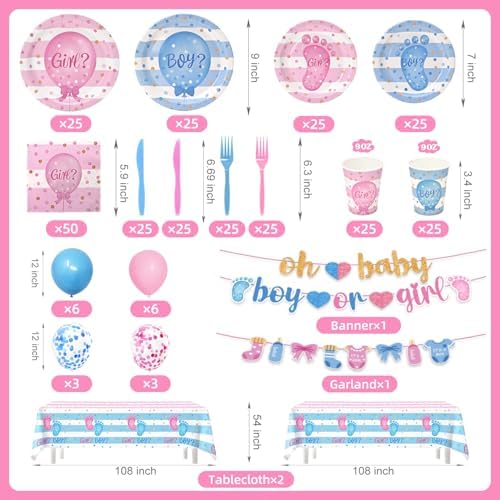 322Pcs Gender Reveal Decorations Kit (Serves 50 Guests) - Girl or Boy Gender Reveal Decorations, Disposable Tableware with Plates & Napkins, Tablecloth, Banner for Baby Shower - Image 2