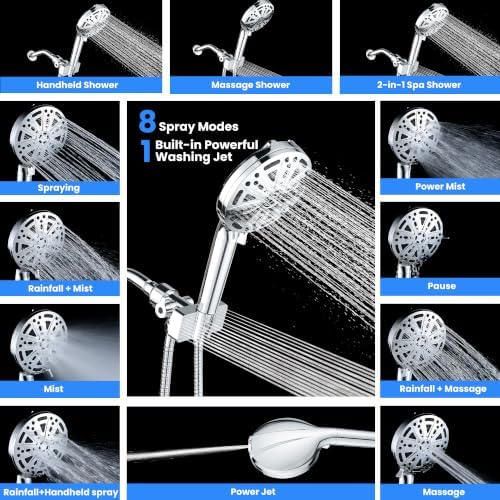 DISRIN Filtered Shower Head with Handheld, 2-in-1 Spa System with Massage Shower 9 Modes Hand Held Shower High Pressure with Built in Power Wash Mode Chrome Showerhead with Stainless Hose - Image 6