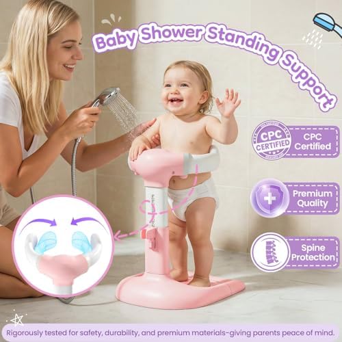 Upgraded Baby Shower Stand with Anti-Pinch Silicone & Anti-Slip Base, Adjustable Height Soporte para Bañera de Bebé, Baby Bath Standing Support Assist Holder for 6-36 Months Toddler, Ideal Gift, Pink - Image 2