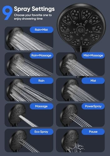 Shower Head with Handheld High Pressure, Rain Shower Head with Fixed Showerhead and 9 Sprays Handheld Shower, Detachable 2-IN-1 Shower head with 59" Rotatable Stainless Steel Hose (Black) - Image 2