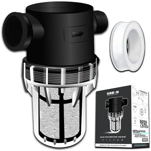 Inline Water Filter – 1/2" FNPT to MNPT, Fine Mesh Sediment Filter with Crystal Resin Balls for Whole House, Under Sink, Shower, Washing Machine, Garden Hose, Tap – Reusable Pre-Filter Strainer by ORBON