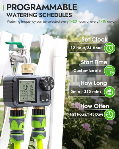 Insoma 2-Zone Sprinkler Timer with Brass Inlet & Outlet, Water Timer for Garden Hose with Auto/Manual/Rain Delay Mode, Big LCD Display, Easy Setup Hose Timers for Lawn, Garden, Vacation Watering - Image 3