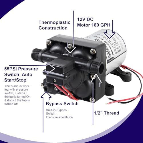 WASSERMANN RV Water Pump 12 Volt DC 3.0GPM 55PSI Replacement For 4008-101-A65 Water Pump Self Priming Diaphragm Pump with Pressure Switch for RV Kitchen Bathroom Marine Yacht Garden Camper Water Pumps - Image 4