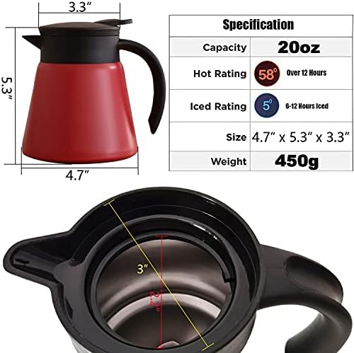 Thermal Coffee Carafe Tea Pot 20 Oz Stainless Steel Insulation Pot Double Wall Vacuum Insulated Coffee Water & Beverage Dispenser (Red) - Image 2