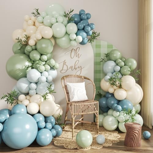 Dusty Blue Sage Green Balloon Arch Kit for Baby Shower Decorations by CROSSFINGERS