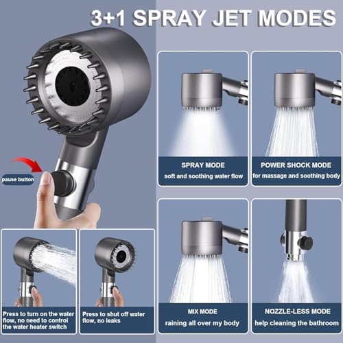 Shower Head, Shower Head High Pressure, Showerhead with Handheld and 3 Filters, 4 Spray Modes & Pause Switch, Silicone Scalp Massager, 59" Hose & Bracket for Hard Water & Pets - Image 3