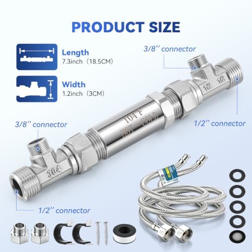 Hot Water Recirculation Valve Kit - 304 Stainless Steel Bypass Valve with 1/2" & 3/8" Connections for Tankless Systems - Includes 20-Inch PEX Lines, Adapters & Teflon Tape - Image 3