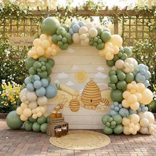 184Pcs Classic Cartoon Balloon Garland Arch Kit - Classic Bear Theme Party Decorations with Blue Yellow Sage Green Sand White Balloons for Baby Shower Girl Boy Birthday Party Decorations - Image 5