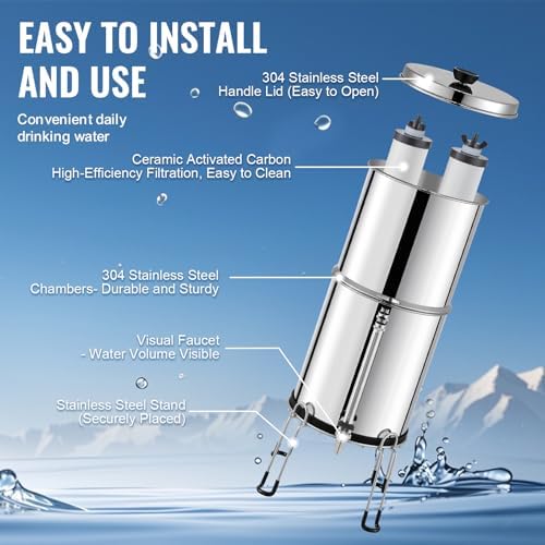 VEVOR Gravity-fed Water Filter System, 2.25G 304 Stainless-Steel Countertop Water Filtration System, Reduces Lead and up to 99% of Chlorine, with 2 Ceramic Carbon Filters, Water Level Spigot, Stand - Image 6