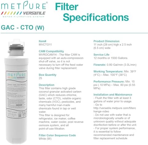 Metpure Drinking Water Quick Twist Replacement Water System Filter (W) for Refrigerator, Icemaker Filter Only, 11" x 2.5" - Image 3