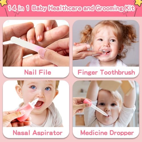 Baby Grooming Kit，Infant Safety Care Setwith Hair Brush Comb Nail Clipper Nasal Aspirator, Baby Essentials Kit for Newborn Girls Boys (14 PC-Pink Kit) - Image 4