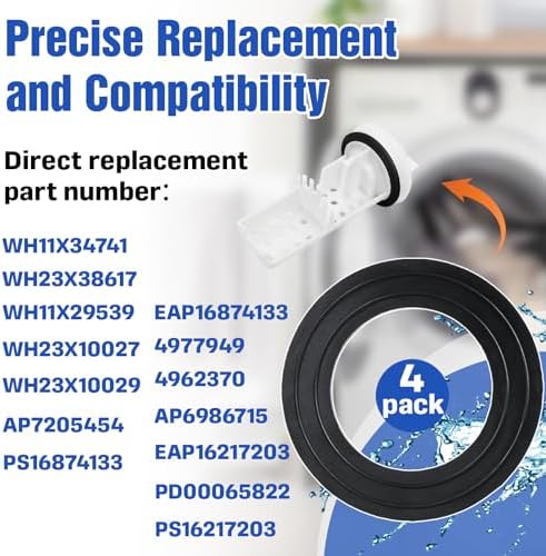 4-Pack Washer Drain Gasket Compatible with WH23X38617 Pump Filter with Seal - Image 6
