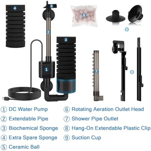 hygger USB Single Sponge Filter, Small Aquarium Filter with Adjustable Hanging Clip and Suction Cup, Duckbill Outlet, Rain Pipe Outlet, Extra Spare Sponge - Image 6