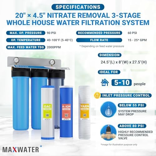 Max Water 3 Stage Whole House Water Filter System Nitrate Removal - 20" x 4.5" Wound Sediment + Anion Resin Nitrate Reduction + GAC - 1" Inlet/Outlet - Image 2