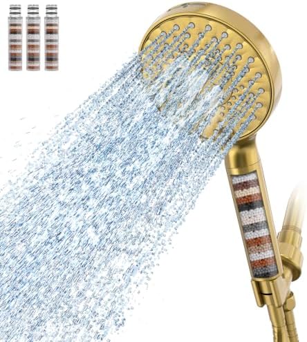 SR SUN RISE Filtered Shower Head with Handheld High Pressure 9 Spray Mode Showerhead Detachable Shower Head Water Softener Filters Beads for Hard Water Remove Chlorine 4 Filters Gold by SRSUNRISE