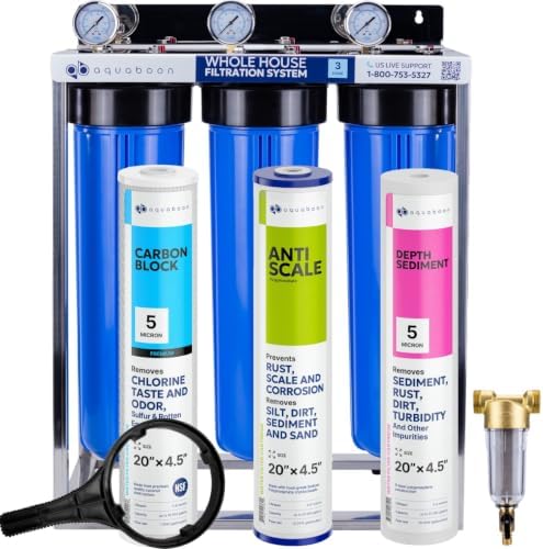 Aquaboon 3-Stage Whole House Water Filter System with 5 Micron 20x4.5 Anti-Scale Reducing Sediment Water Purification and Carbon Chlorine Reduction Filter, Pressure Gauges, Wrench, Bracket by Aquaboon