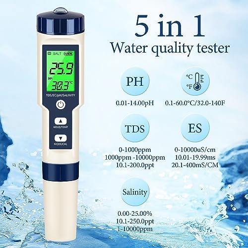 PH Meter & TDS Meter Digital Water Tester 5 in 1 Salinity Tester PH Temp EC and TDS Meter,PH Meter for Water with LCD Backlit,Water Testing Kits for Drinking Water,Wine,Swimming Pool,Hot Tub Spas. - Image 3