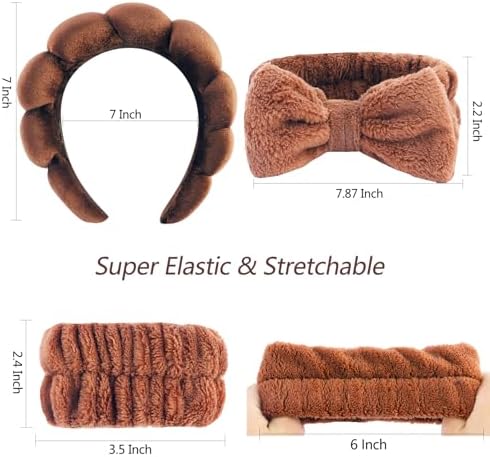 VELSCRUN Spa Headband, Makeup Face Wash Skincare Headbands, 6 Pcs Coffee Color Sponge Bow Tie Get Ready HairBand Facial Wristband Set, Stuff for Teen Girls Women Trendy Fashion Hair Accessories - Image 6