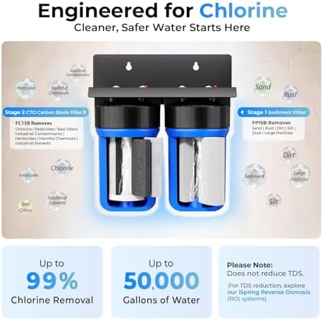 iSpring WGB21B+AH12MN16X2 2-Stage Whole House Water Filter System, Reduces Chlorine, Sediment Water Filtration System for Home with 3/4'' Braided Stainless Steel Hose Connectors and Ball Valve - Image 2