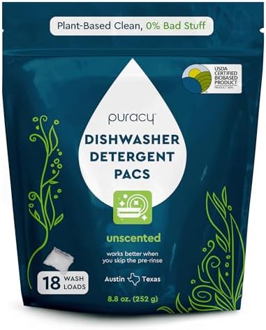 Puracy Dishwasher Pods, Natural Dishwasher Detergent, Free & Clear Dish tabs - Enzyme-Powered, Spot & Residue Free - TikTok Trend Items, Must Haves from TikTok Made Me Buy It (Free & Clear, 18 Count) by Puracy