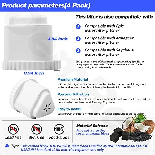 4Pack Replacement Filter for EPIC Water Filter Pitcher, Water Filter Pitcher Compatible with Aquagear Seychelle, BPA Free. Removes Fluoride, Chlorine, Lead, Odors - Image 5