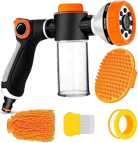 Upgrade Dog Washing Hose Attachment with Soap Dispenser, Dog Bath Hose Attachment with Pet Bath Brush Car Wash Mitt and Dog Comb for Watering Plants, Lawn, Showering Pet(Orange) by YCCOKJJ
