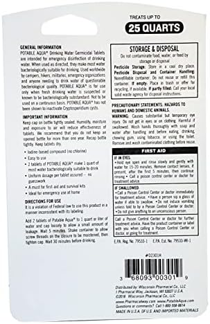 Potable Aqua Water Purification Treatment - Portable Drinking Water Treatment for Camping, Emergency Preparedness, Hurricanes, Storms, Survival, and Travel (50 Tablets), Black, single pack - Image 2