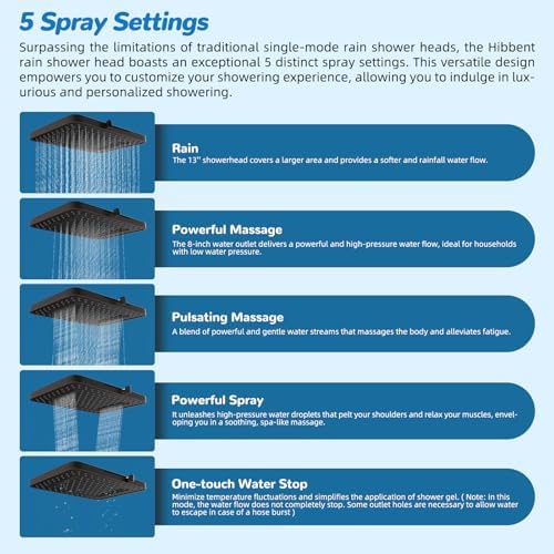 Hibbent cUPC Certified High Pressue 13'' Rainfall Shower Head with 5-Spray - Image 2