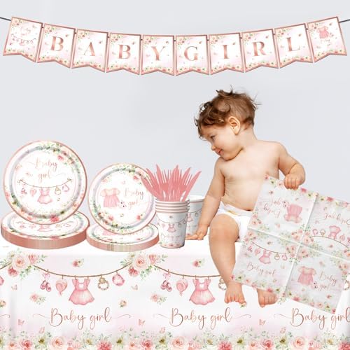 Rose Gold Baby Shower Tableware Set,Pink Girl Baby Shower Plates and Napkins Sets Include Baby Shower Plates Napkins Cups Floral Baby Girl Tablecloth for Girl Baby Shower Gender Reveal Party Supplies - Image 3