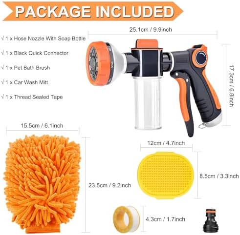 Garden Hose Nozzle, Dog Washing Hose Attachment, 8 Patterns Hose Sprayer High Pressure Metal Water Hose Nozzle with Soap Dispenser Bottle Dog Bath Brush Car Washing Mitt for Pet Garden Car Washing - Image 5