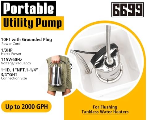 Tankless Water Heater Flushing Kit Includes 1/3HP Stainless Steel Sump Pump with Two Adapters & 3 Gallons Pail with Bucket Lid Opener & Two 1/2” Dia X 6’ Hoses with Washers - Image 3