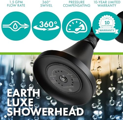 Niagara Conservation N3915MB Earth Luxe 3-Spray with 1.5 GPM 3.35-in. Wall Mount Adjustable Fixed Shower Head in Matte Black, 1-Pack | Bathroom Shower Head Sprayer with Pressure Compensation - Image 2