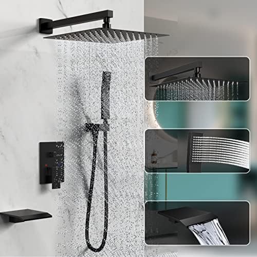 Matt Black Shower System Rain Faucet Set with Tub Spout, 12 inch - Image 4