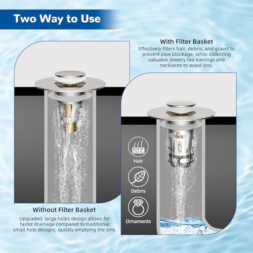 Hibbent 2 PCS Upgraded 3 in 1 Bathroom Sink Drain Strainer, Pop Up Stopper - Image 3