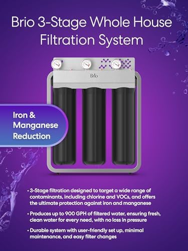 Brio 3-Stage Whole House Filtration System for Iron & Manganese Reduction, 900 GPH, 4.5" x 20" Sediment, Carbon Block, Iron & Manganese Filters Included w/Lifespan of 100,000 Gallons or 12 Months - Image 2