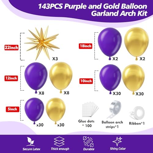 Purple and Gold Balloon Garland Arch Kit - Dark Purple and Metallic Explosion Gold Star Balloons for Birthday Graduation Baby Shower Adults Prom Luxury Violet Royal Party Decorations - Image 2
