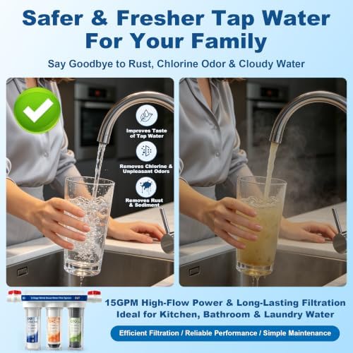3-Stage Whole House Water Filter System, 9 Filters, 0.5μm PP GAC CTO, 1.5-2 Yrs Filter Supply. 15GPM, 3/4" NPT Brass Ports & 2 Valves. Reduces Chlorine, Sediment & Odors for Drinking, Cooking & Bath - Image 3
