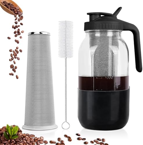 Cold Brew Coffee Maker, 64oz Mason Jar Pitcher with Stainless Steel Filter, Leak-Proof Lid with Pour Spout & Handle, Heavy Duty Glass Iced Coffee Tea Brewer with Protective Silicone Sleeve-Black by QHH