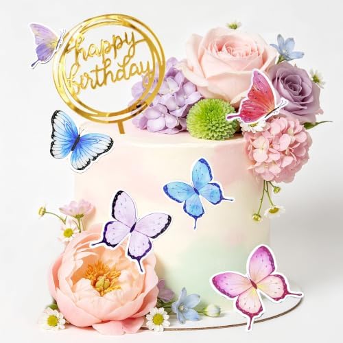 Flower Cake Toppers, Happy Birthday Rose Gold Cake Decorations with Artificial Flowers Butterfly Balls for Wedding Baby Shower Birthday Party Supplies (Lavender) by LEFUBABY