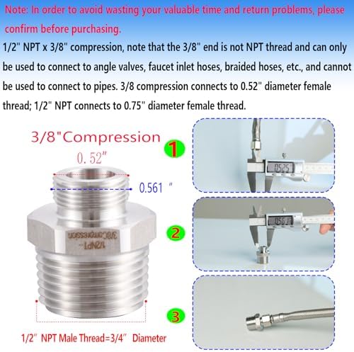 304 RV Faucet Adapter（Lead-Free）, 1/2 to 3/8 reducer faucet adapter - Stainless Steel 3/8 Compression Fittings, Water Supply Fitting for RV Kitchen Piping, (Set of 2) - Image 3