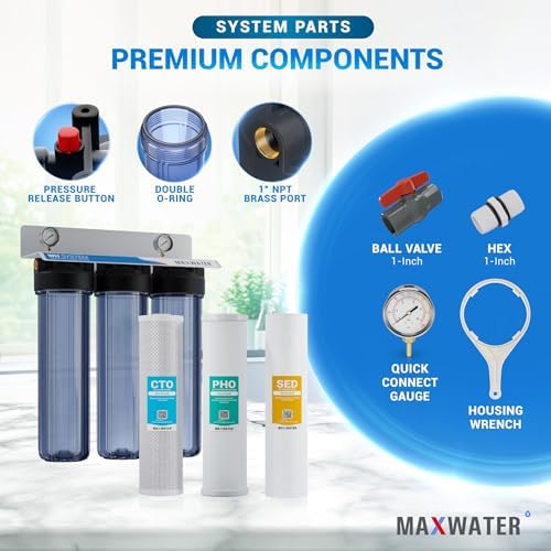 Max Water 3 Stage Whole House Water Filter System with Sediment + Phosphate Anti Scale (PHO) + CTO Chlorine Reduction Filter - 1" Inlet/Outlet, Pressure Gauges, Wrench, Bracket - Image 5