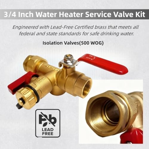 SYLPHID 3/4 Inch IPS Water Heater Service Valve Kit with Pressure Relief Valve, Universal Isolator Valve for Tankless Heater, Compatible with Rheem, Rinnai, Navien, Noritz, Ecosmart, Takagi, Bosch - Image 3