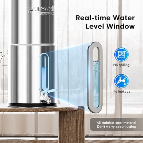 Purewell Upgraded 9-Stage Gravity Water Filter System with Water Level Window, 0.01μm Ultra-Filtration Countertop System with 2 Filters and Stand, pH 8-9, Reduce 99% Chlorine, BO-PH-2.25G - Image 5