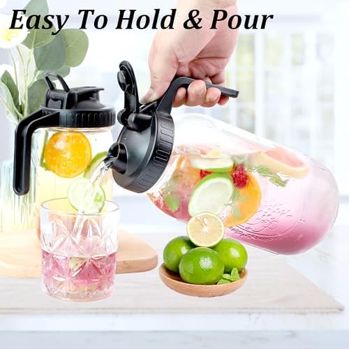 Mason Jar Pitcher With Pour Spout Lid (2 Pack) 32 Oz Wide Mouth Glass Pitcher With Handle And Flip Cap Lid 1 Quart Airtight Leak Proof Water Jugs For Iced Drinks, Iced Coffee, Milk, Lemonade - Image 3