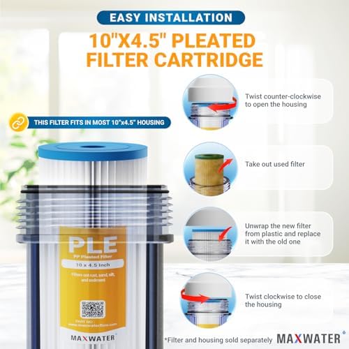 Max Water 5 Micron Pleated Sediment Water Filter 10 x 4.5 Whole House Water Filter Replacement Cartridge For Well Water Compatible with R50-BBSA, FXHSC, CB1-SED10-BB, WFHDC3001, W50PEHD, 4 Pack - Image 5