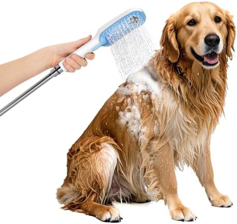 Dog Shower Attachment with 4 Adjustable Spray Patterns, Pet Shower Attachment Hose for Easy Installation, Dog Shower Brush for Bathing and Grooming, Indoor/Outdoor Use，Blue/White by SRSUNRISE
