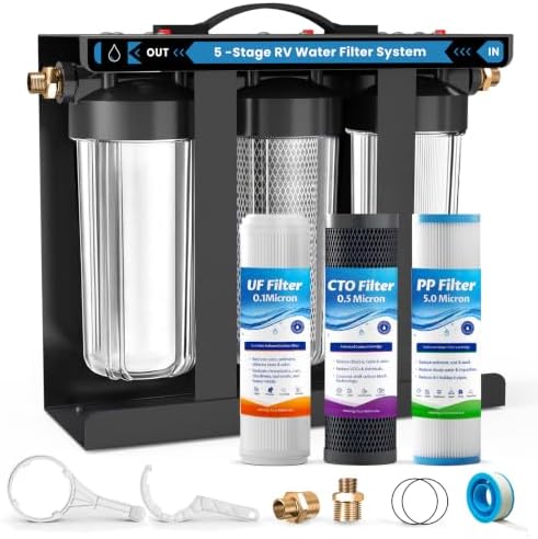RV Water Filter System,0.01 Micron Camper Water Filter System, 5-Stage RV Water Filtration System Reduces Sediments, Chlorine, Vocs, Heavy Metals, Odors for Travel Trailers, Boats, 1" Inlet/Outlet by Unknown
