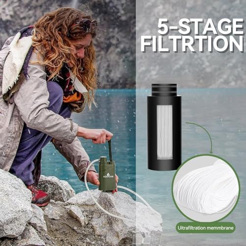 Portable Water Filter Pump with 5-Stage Filtration, 0.01 Micron Carbon Filter, Compass and Survival Whistle for Camping, Hiking, Backpacking, Emergency - Image 5