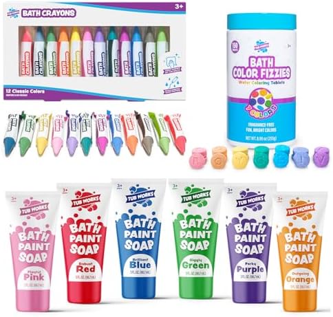 Tub Works® My Colorful Bath™ Kids Bath Set | Nontoxic | Fizzy Bath Color Tablets (150 Count), Smooth™ Bath Crayons (12 Pack) & Bath Paint Soap (6 Pack) | Creative Bath Toys for Toddlers & Kids by TubWorks
